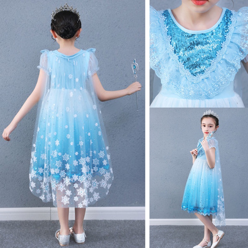 Đầm Công Chúa Elsa Tay Ngắn Phối Lưới Màu Gradient Xanh Dương / Trắng Thời Trang Cho Bé Gái