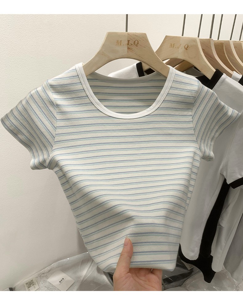 Áo Thun Kẻ Sọc Cổ Tròn Dáng Ôm Ngắn Tay Thời Trang Mùa Hè Mỹ Cá Tính 64423