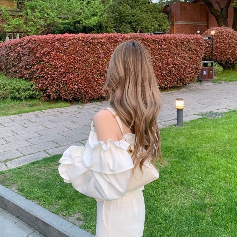 Áo Sơ Mi Tay Dài Trễ Vai Nhún Bèo Đơn Giản Phong Cách Hàn Quốc Cho Nữ