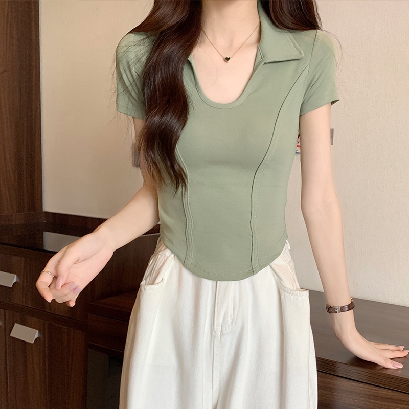 Áo Thun Cotton Cổ Mép Lật Ngắn Tay Thời Trang Mùa Hè Kiểu Mỹ Cá Tính 64439