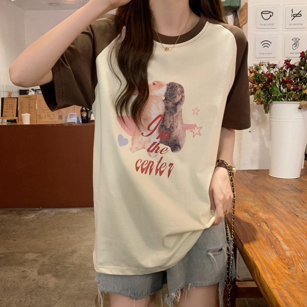 Áo Thun T-Shirt Cotton Tinh Khiết Cổ Tròn Tay Ngắn In Hình Vui Nhộn Phong Cách Hàn Quốc Mùa Hè 64477