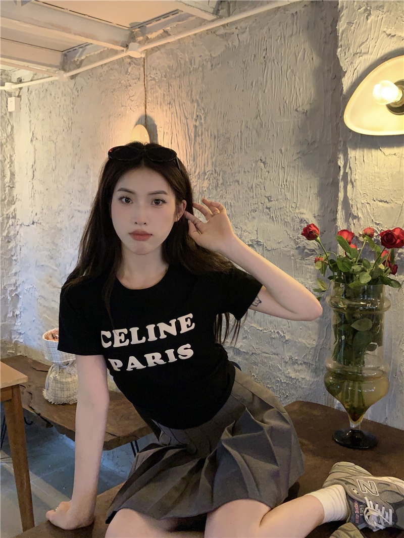 Áo Thun Xếp Ly In Chữ Phong Cách Hàn Quốc Mới 64652