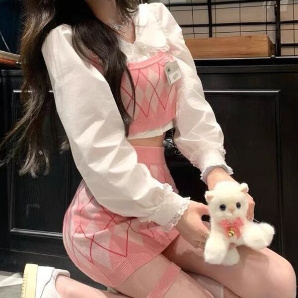 Váy Jmshop , Áo Khoác Dệt Kim+ Váy,  Phong Cách Học Viện, trẻ trung, váy nữ