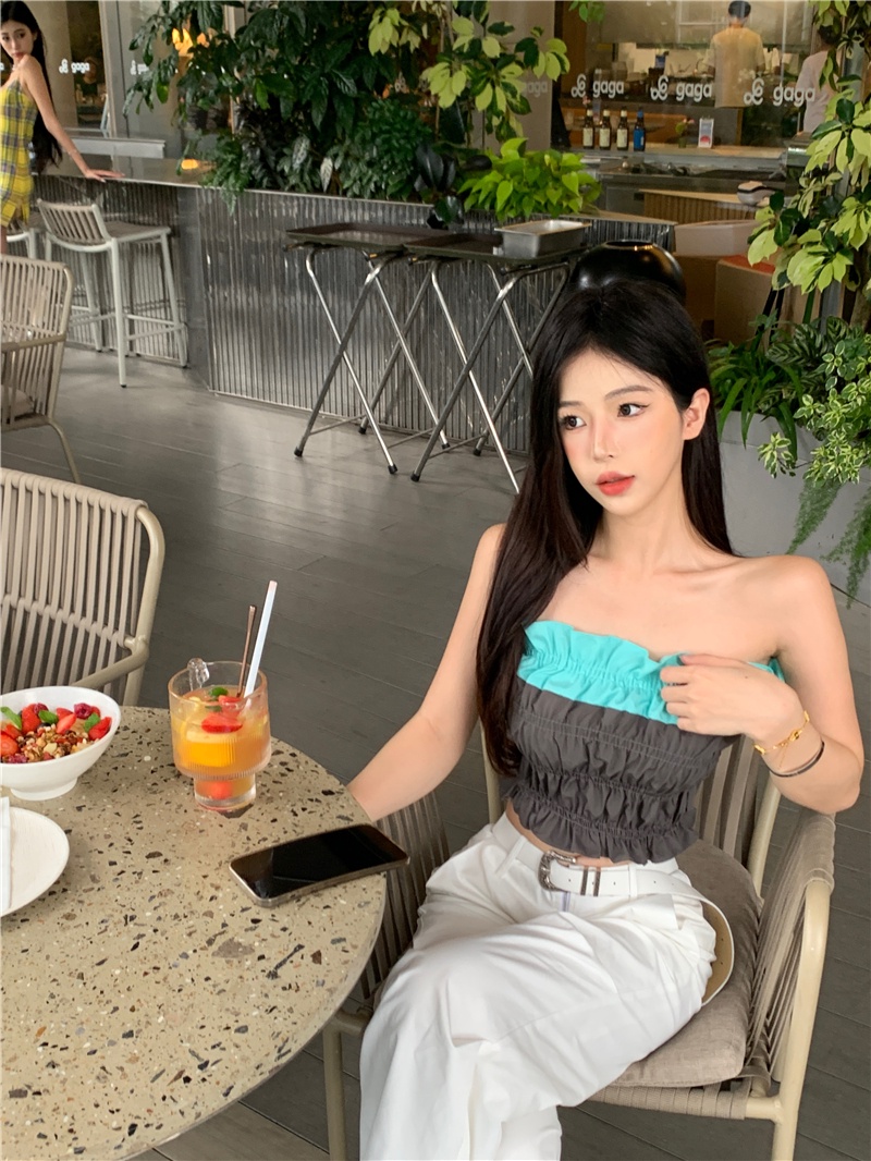 Áo Ống Mùa Hè 65552 Sát Nách Dáng Ngắn Màu Sắc Tương Phản Phong Cách Mới