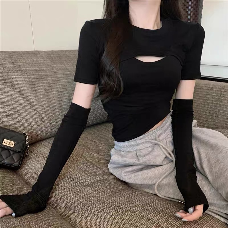 Áo Thun Ngắn Tay Khoét Lỗ Màu Trơn Thiết Kế Mới Phong Cách Hàn Quốc Cho Nữ