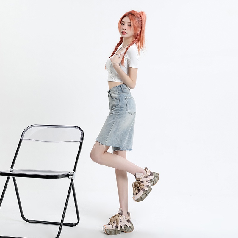 Quần Sọt Denim Lưng Cao RENJIANVSHENG Thiết Kế Rách Cá Tính