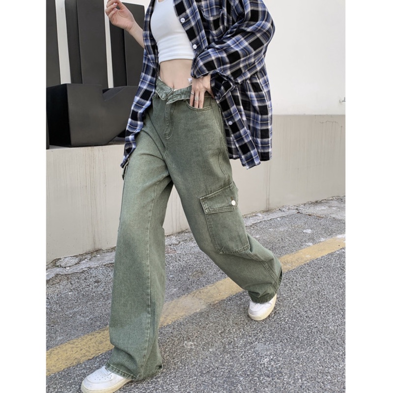 Quần Yếm Denim Lưng Cao Ống RENJIANVSHENG Rộng Thời Trang Cá Tính Cho Nữ