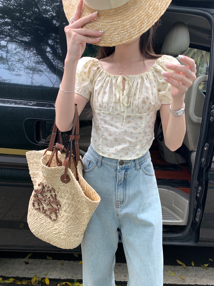 Áo Sơ Mi Tay Phồng Cột Dây In Họa Tiết Hoa Phong Cách Mới Mùa Hè 63872