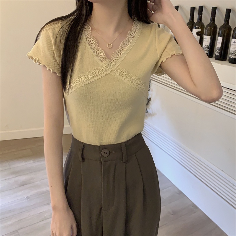 Áo Thun Nữ Cổ Chữ v Viền Ren Phong Cách Mới Mùa Hè 64030