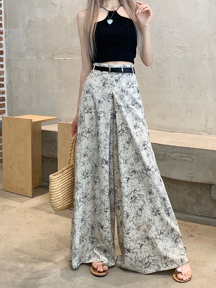 Quần Ống Rộng Lưng Cao In Hoa Phối Thắt Lưng Phong Cách Hàn Quốc Mới 64557