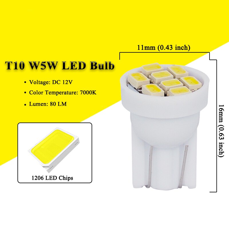 Set 10 Đèn LED T10 W5W 5W5 12V 7000K 1206 8 SMD Ánh Sáng Trắng Siêu Sáng Dành Cho Ô Tô
