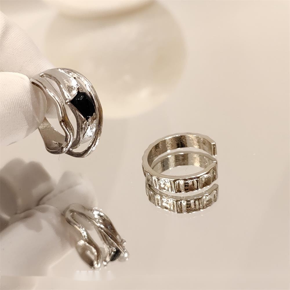 Nhẫn Hở Đính Đá Zircon Màu Đen Phong Cách Retro Hàn Quốc Chất Lượng Cao