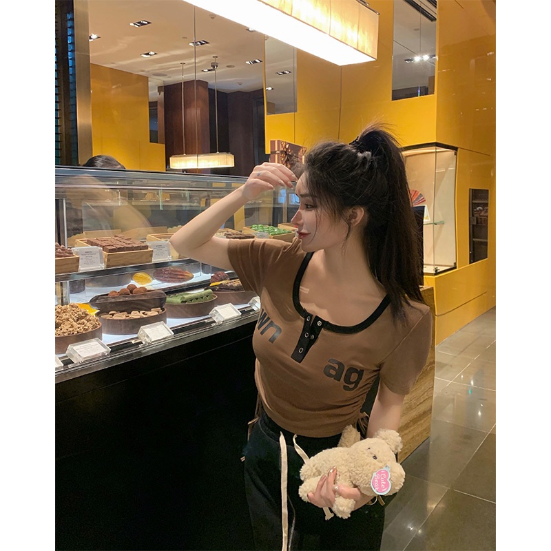 Áo Thun Tay Ngắn Phối Dây Rút Và Thẻ Thiết Kế Độc Đáo Thời Trang Cá Tính Cho Nữ