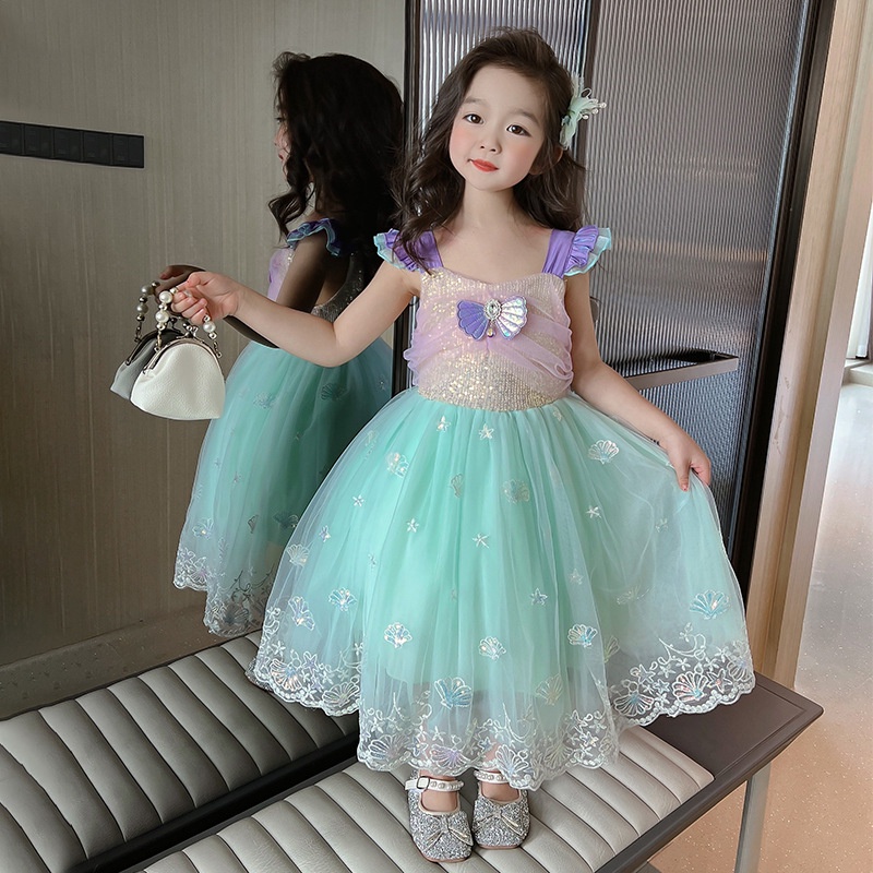 Đầm Công Chúa Tiên Cá Đính Kim Sa Phối Lưới Thời Trang Cho Bé Gái