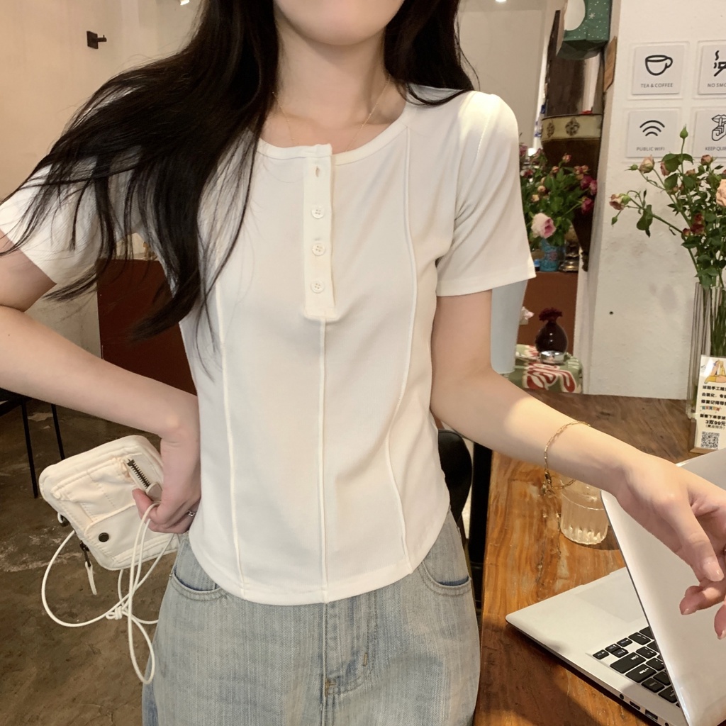 Áo Thun Cotton Trơn Ngắn Tay Cài Nút Thời Trang Mùa Hè Hàn Quốc Dễ Phối Đồ 64698