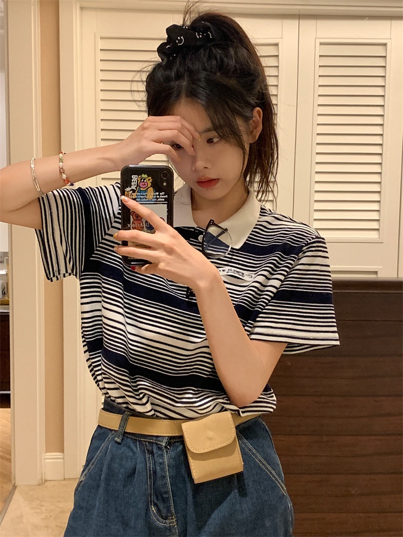 65011 Retro Áo Thun polo Có Cổ Tay Ngắn Sọc