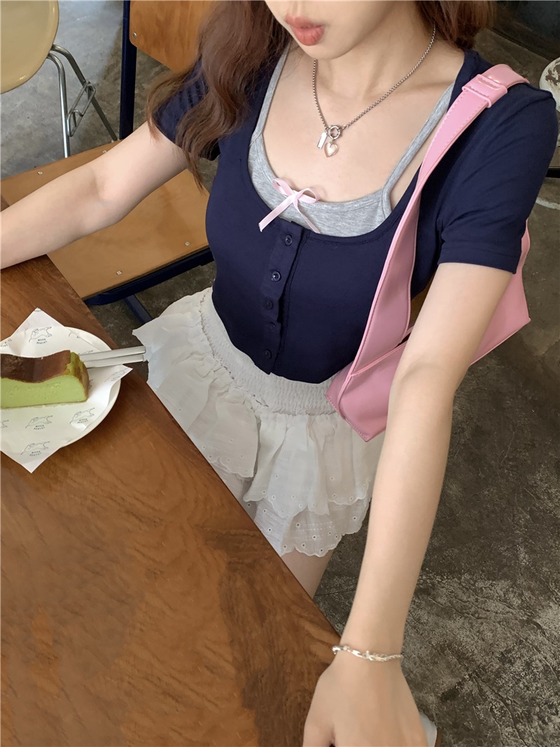 Áo Thun Ngắn Tay Phối Màu Tương Phản Giả Hai Lớp Phong Cách Mới 65711