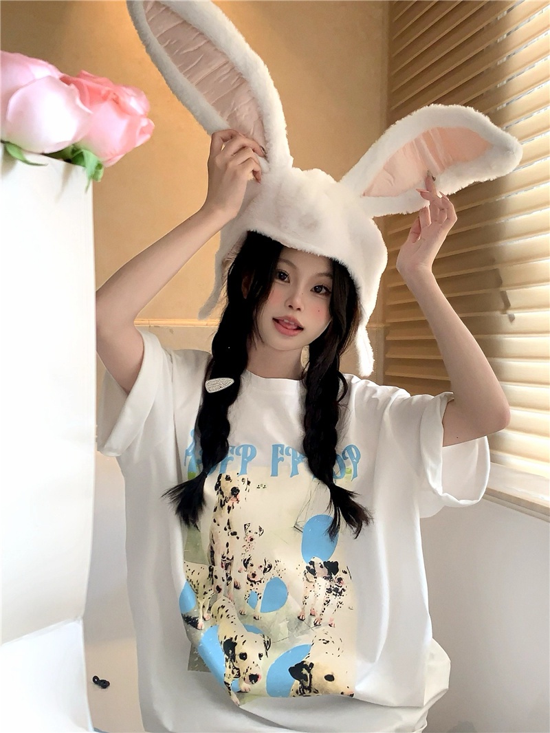 Áo Thun Ngắn Tay Dáng Rộng In Hình Chú Cún Kiểu vintage Thời Trang Mùa Hè Cho Nữ