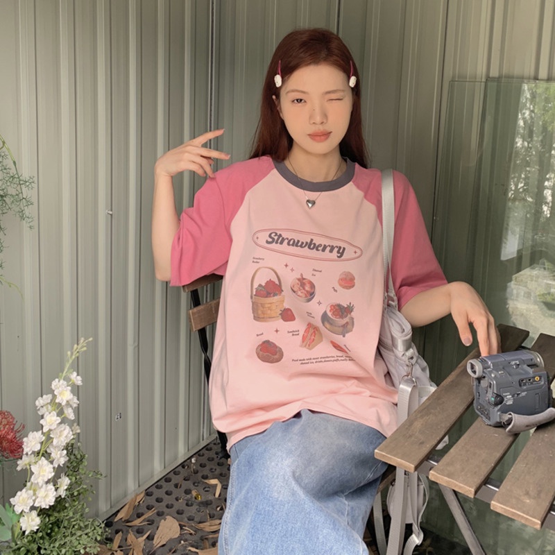 Áo Thun Tay Ngắn Dáng Rộng RENJIANVSHENG Màu Sắc Tương Phản Thời Trang Mùa