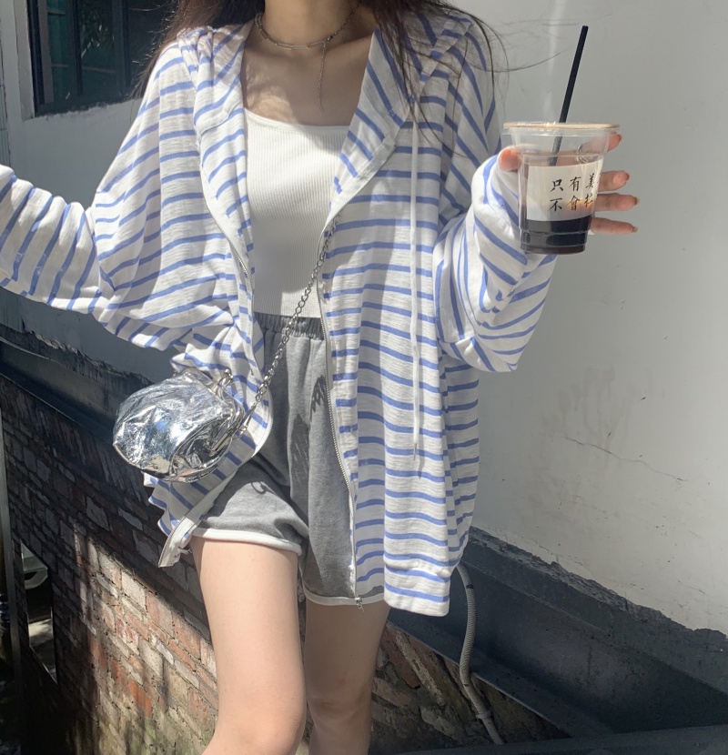 Áo Khoác cardigan Mỏng Có Nón Dáng Rộng Họa Tiết Kẻ Sọc Thời Trang Xuân Hè