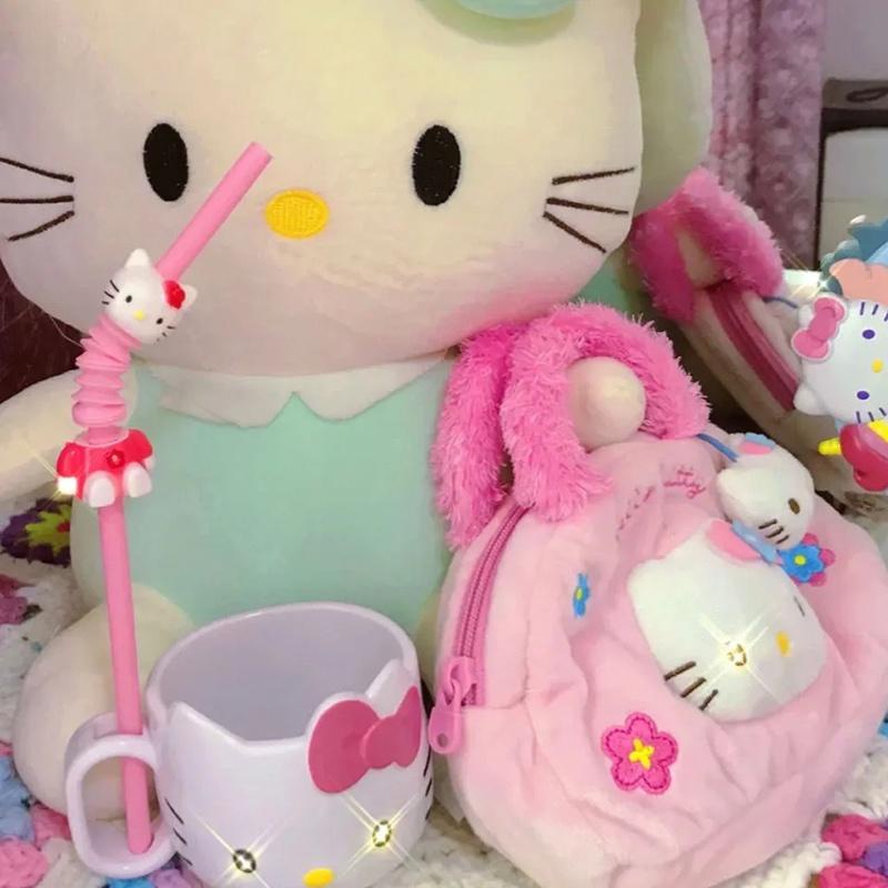 Bình Nước Dễ Thương Kt Rơm Phim Hoạt Hình Mèo Ống Hút Màu Hồng Có Thể Thu Vào Uống Cho cốc Trẻ Em