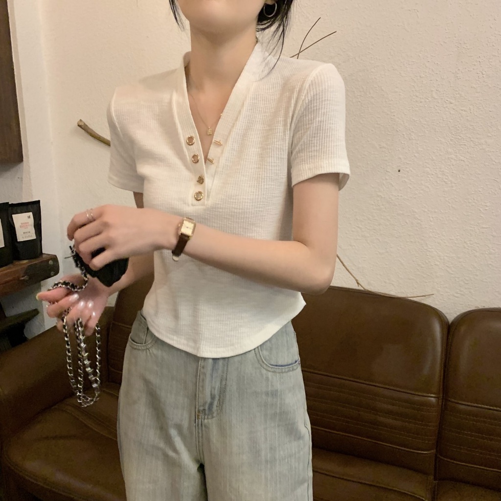 Áo Thun Ngắn Tay Cổ Chữ v Cài Nút Kim Loại Phong Cách Hàn Quốc Thời Trang Xuân Hè 62963