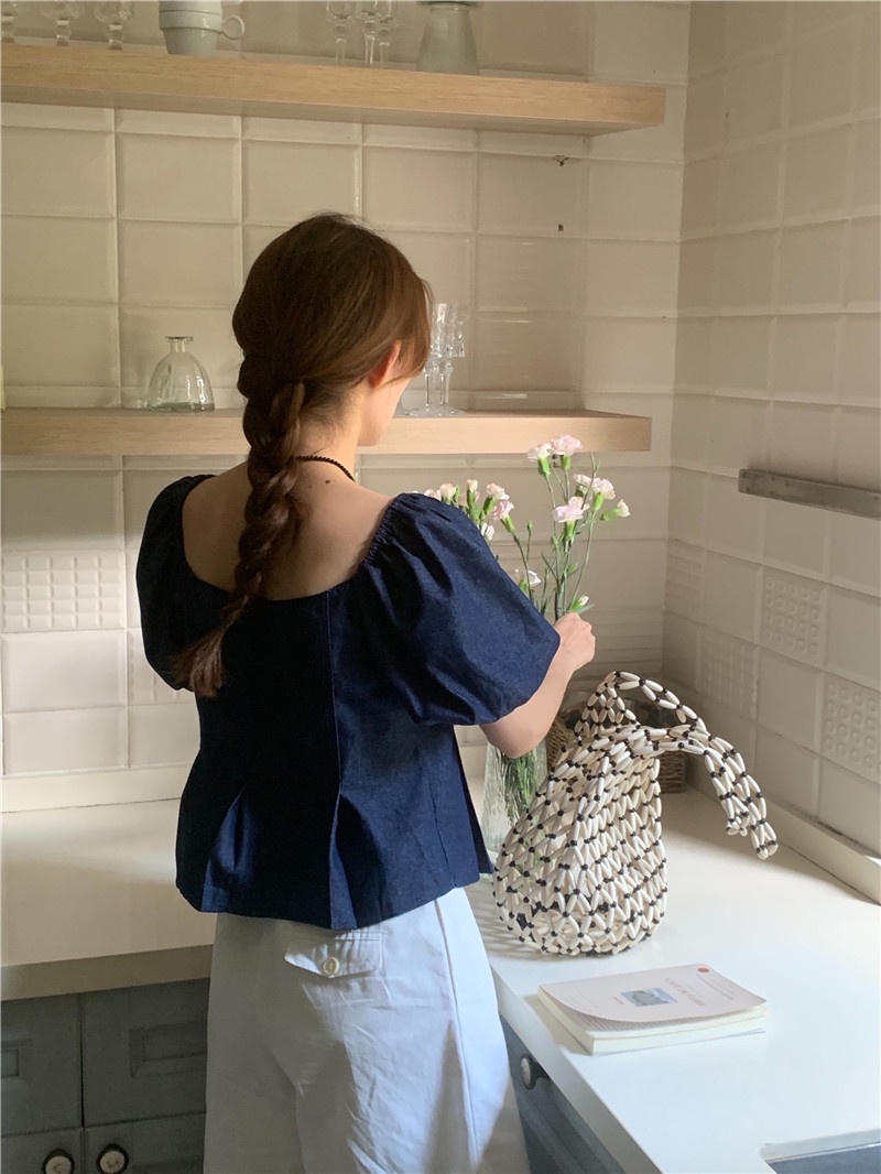 Áo Sơ Mi Denim Ngắn Tay Phồng Phối Nút Kim Loại 2 Màu Thời Trang Pháp Quý Phái 64898