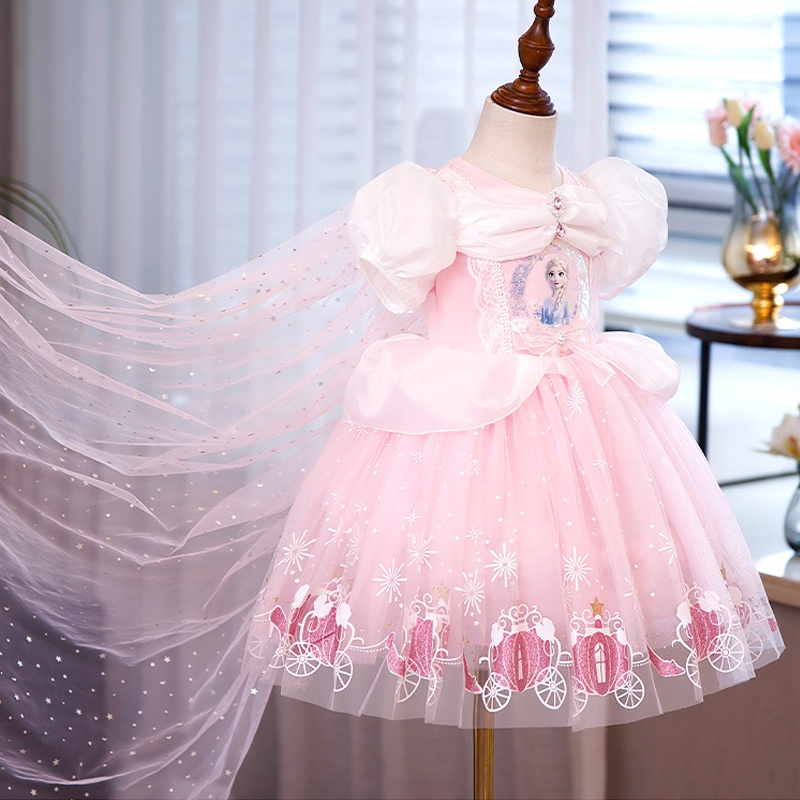 Đầm Hóa Trang Công Chúa Elsa Phối Lưới Đính Kim Sa Kèm Áo Choàng Cho Bé Gái