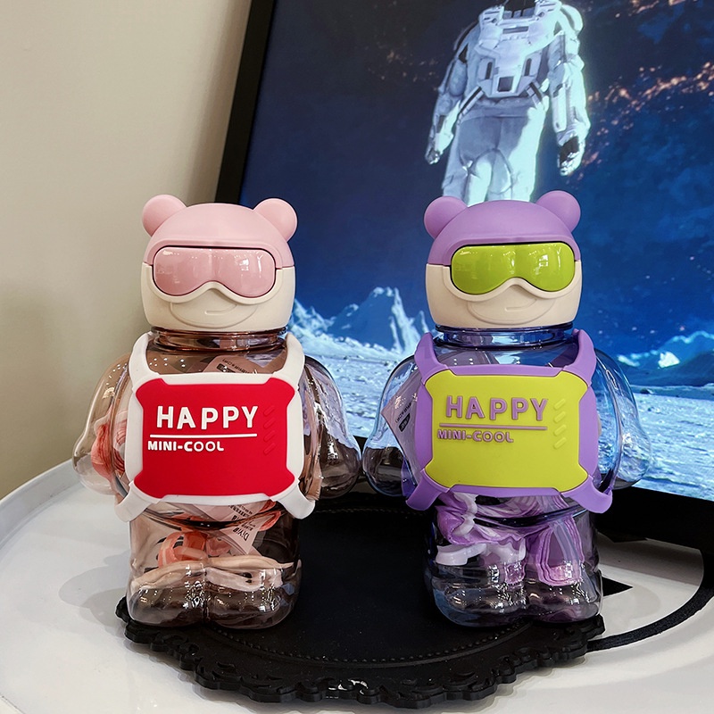 Backpack Bear Dễ Thương Bình Nước Nhựa Cao Cấp Hình Gấu Hoạt Họa Có Ống Hút Cho Bé