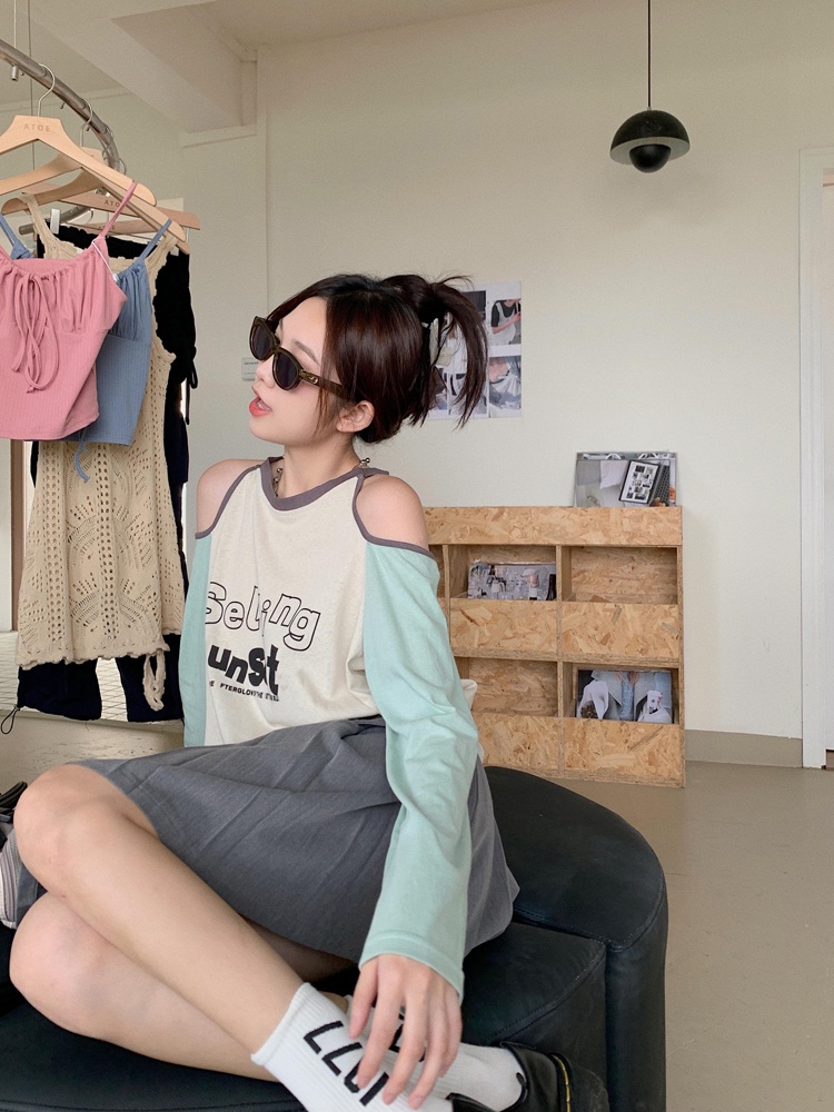 Áo Thun Mỏng Tay Dài Hở Vai In Chữ Màu Sắc Tương Phản Thời Trang 66552