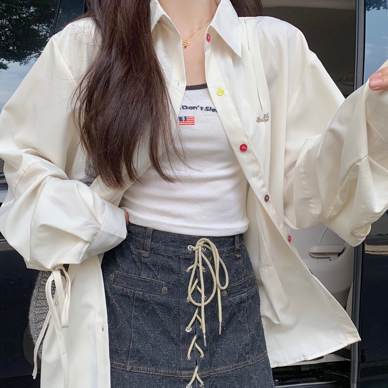 Misssumey nữ hàn quốc nút màu dài tay áo sơ mi ngoại cỡ