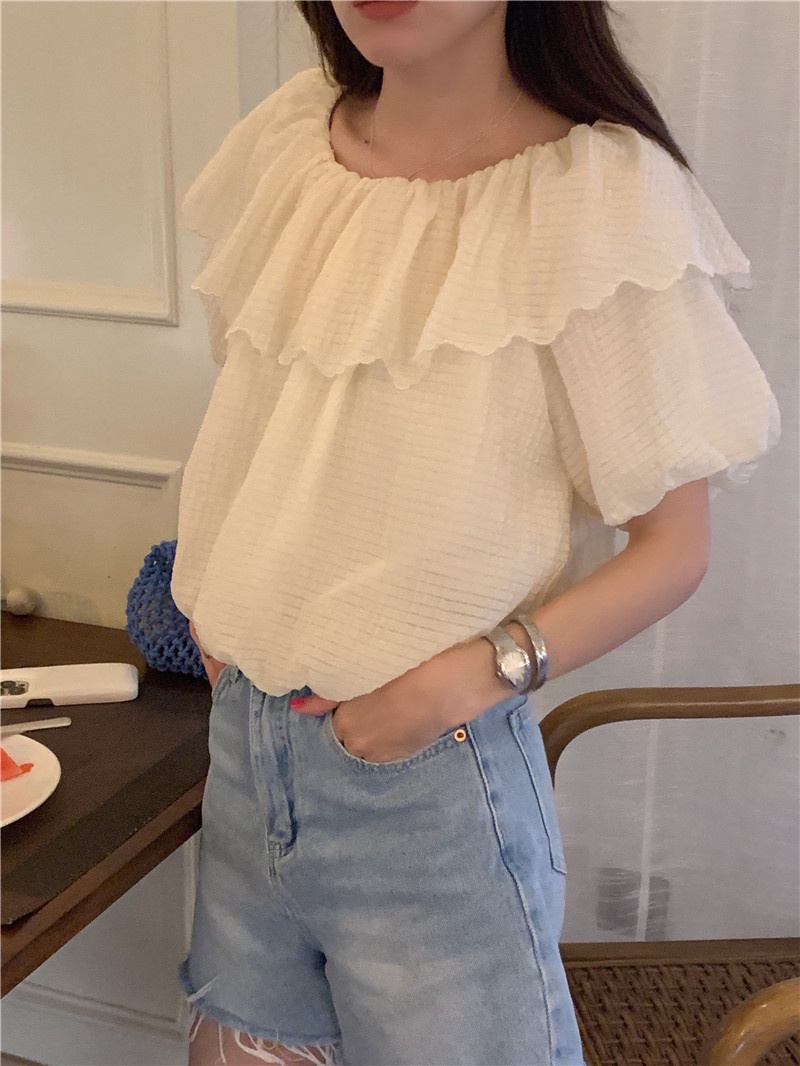 Áo Sơ Mi Ngắn Tay Cổ Phối Ren Đơn Giản Theo Phong Cách Hàn Quốc 64523