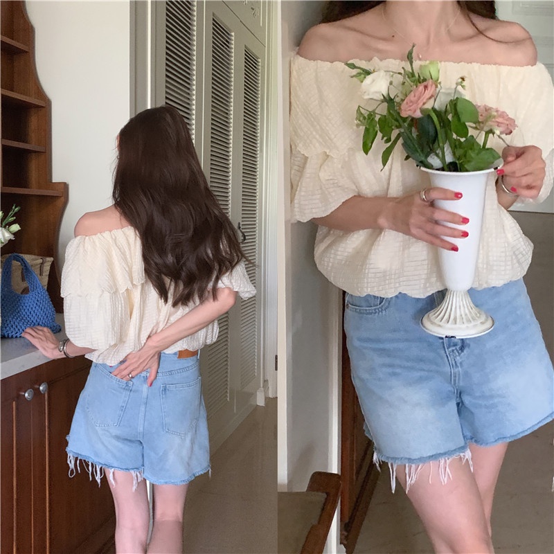 Áo Sơ Mi Ngắn Tay Cổ Phối Ren Đơn Giản Theo Phong Cách Hàn Quốc 64523