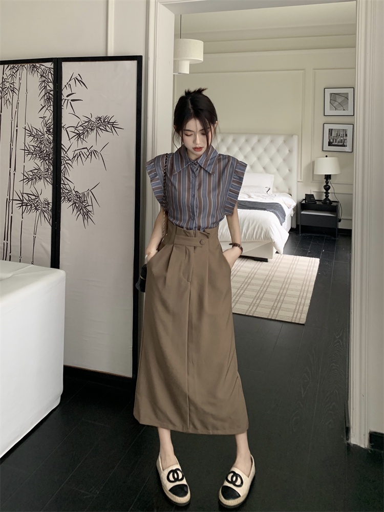 66114 Áo Sơ Mi Sọc Retro Hàn Quốc / Váy Xẻ Tà Cạp Cao