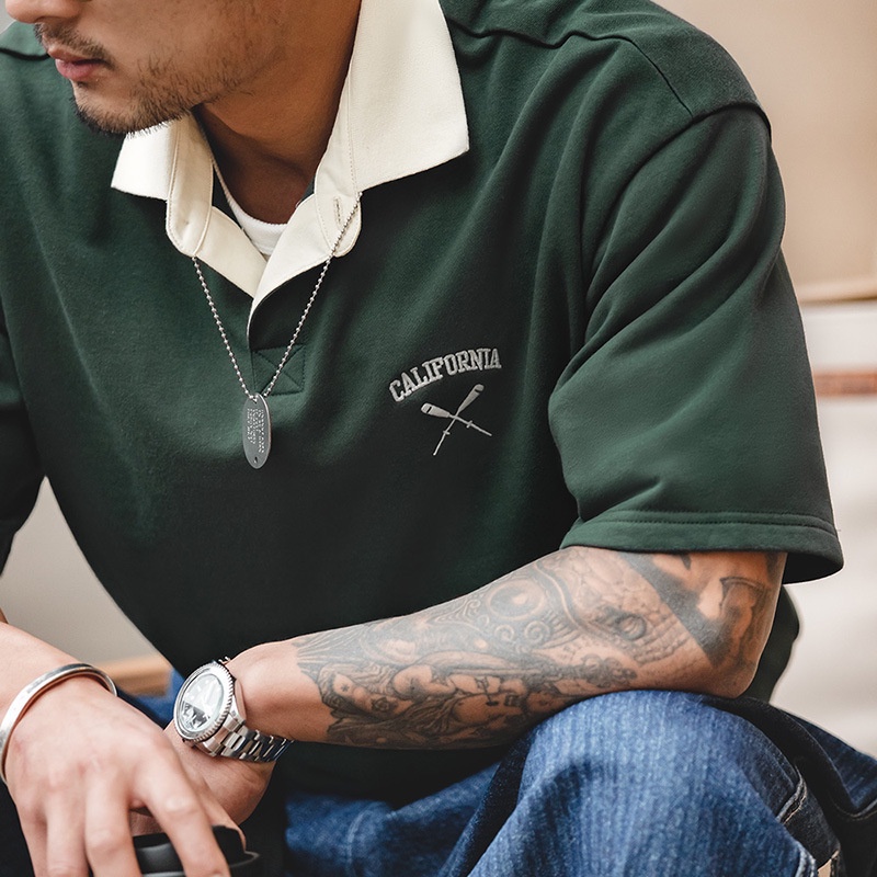 Áo Thun polo Ngắn Tay Thêu Họa Tiết Màu Sắc Tương Phản Phong Cách Preppy Hiện Đại