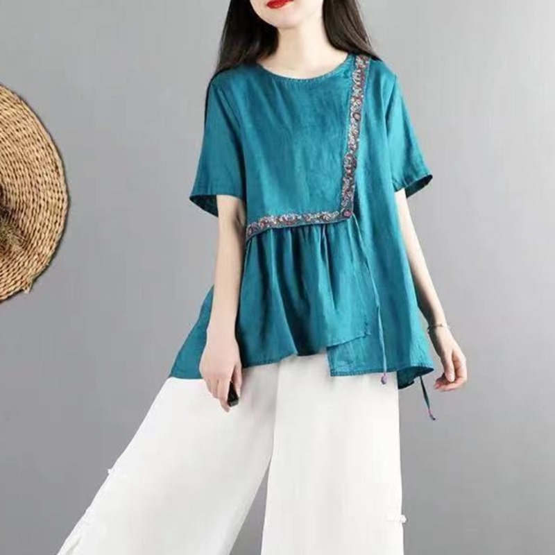 Áo Kiểu Tay Ngắn Thêu Họa Tiết Dân Tộc Độc Đáo Thiết Kế Cỡ Lớn Thời Trang