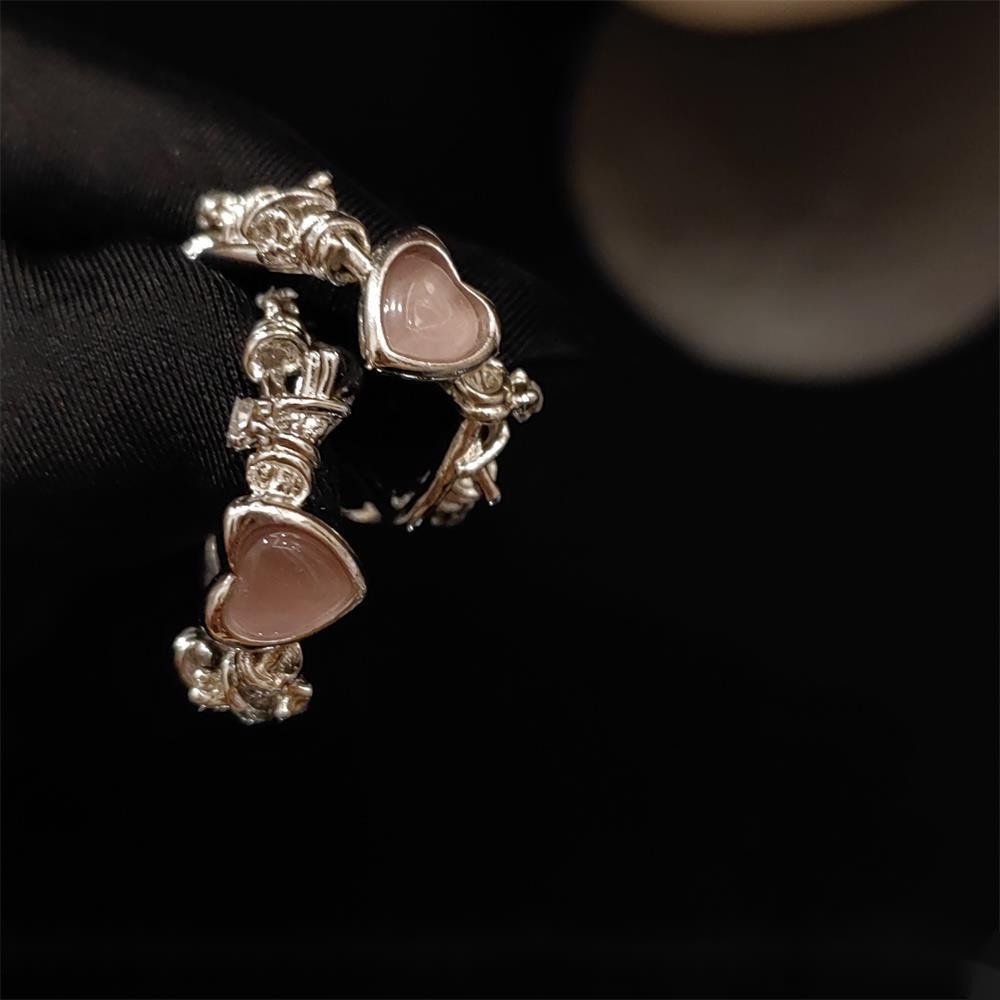 Nhẫn Hở Đính Đá Mắt Mèo Màu Hồng Thiết Kế Nhỏ Nhắn Cá Tính Phong Cách Hàn Quốc Dành Cho Nữ