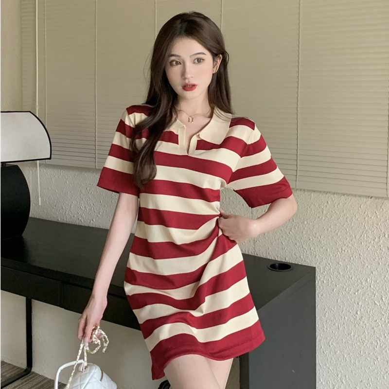 Đầm Dệt Kim Cổ polo Dáng Rộng Họa Tiết Kẻ Sọc Thời Trang Mùa Hè Phong Cách Hàn Quốc