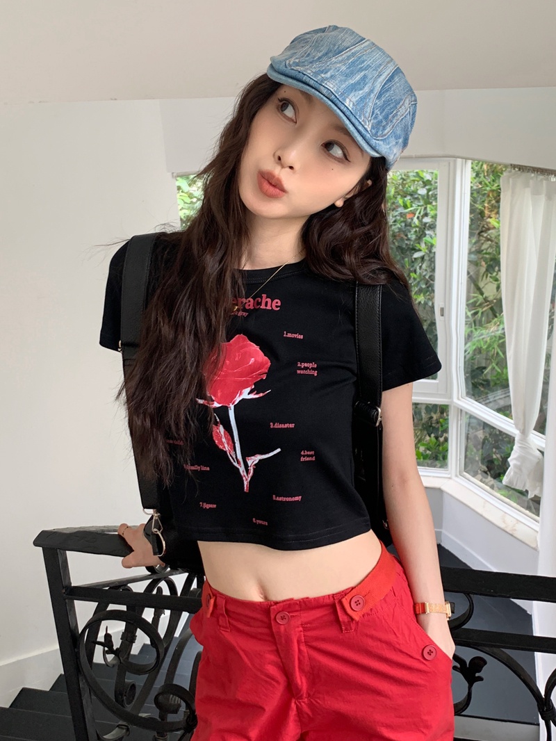 Áo Thun Dáng Ôm In Chữ Và Hoa Hồng Phong Cách Hàn Quốc Thời Trang Mùa Hè Hàng Mới 64491