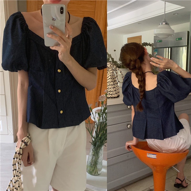 Áo Sơ Mi Denim Ngắn Tay Phồng Phối Nút Kim Loại 2 Màu Thời Trang Pháp Quý Phái 64898