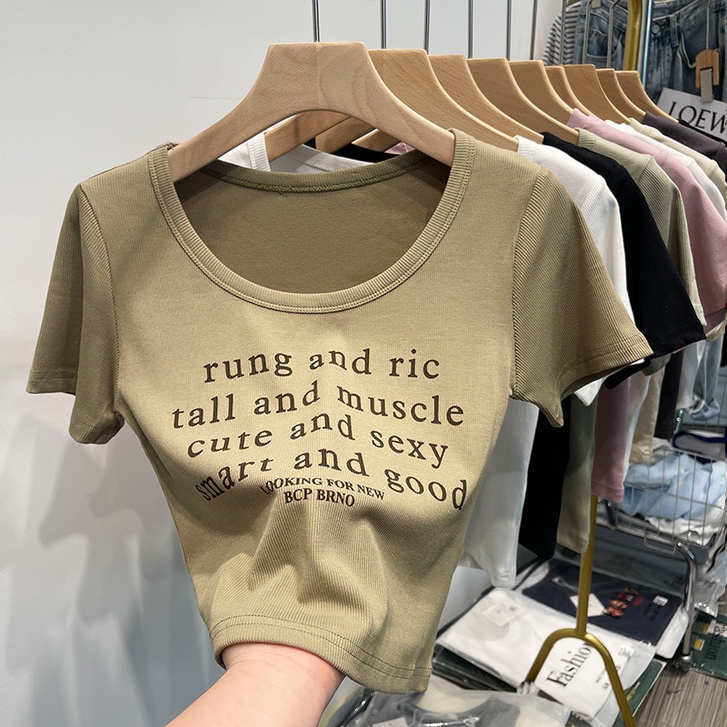 Áo Thun Tay Ngắn Cổ Tròn In Họa Tiết monogram Ôm Dáng Thời Trang Mùa Hè Cho Nữ