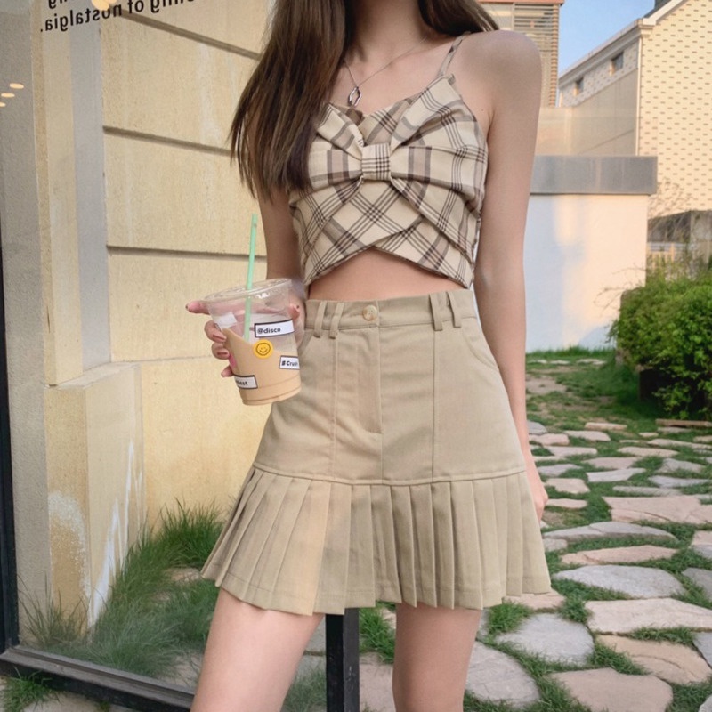 Chân Váy Chữ a Lưng Cao Xếp Ly Xinh Xắn Theo Phong Cách Hàn Quốc
