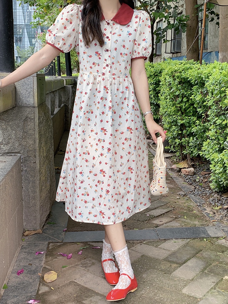 Mới Đầm MIDI Cột Dây Eo Họa Tiết Hoa Nhỏ Màu Tương Phản Xinh Xắn Thời Trang Cho Nữ