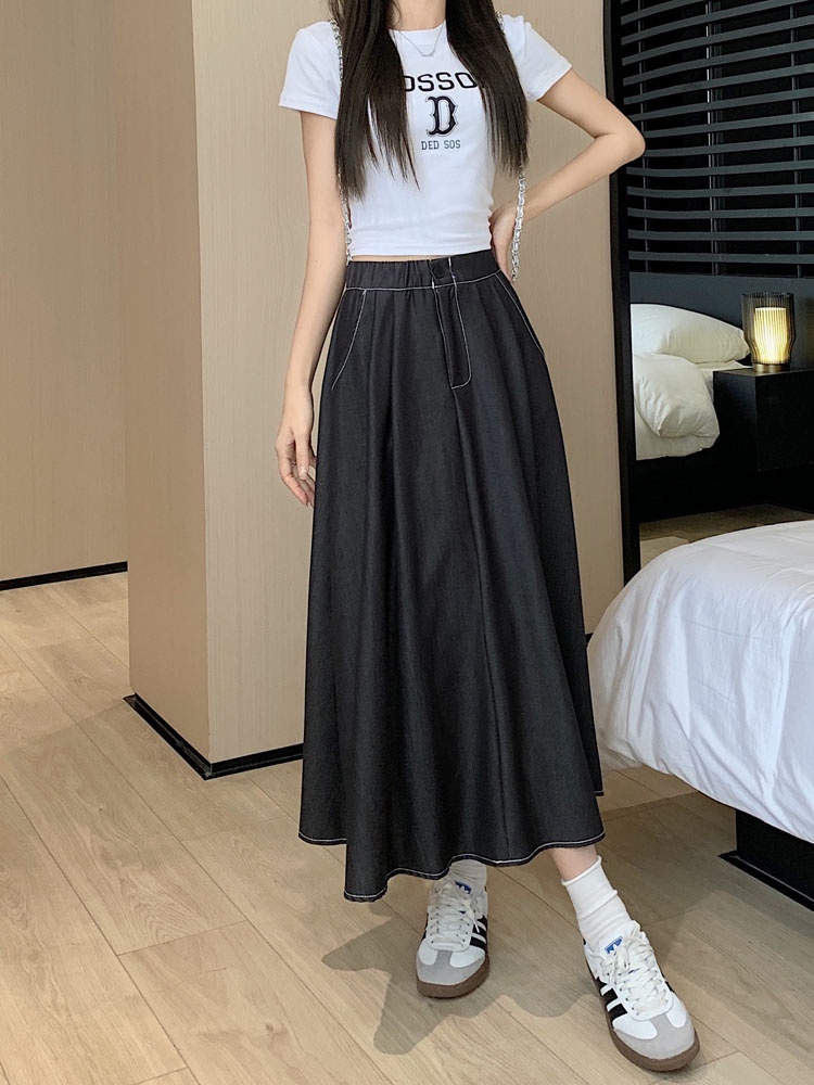 Chân Váy Denim Chữ A Lưng Thun Thời Trang Hàn Quốc Kiểu Retro Mới 63668