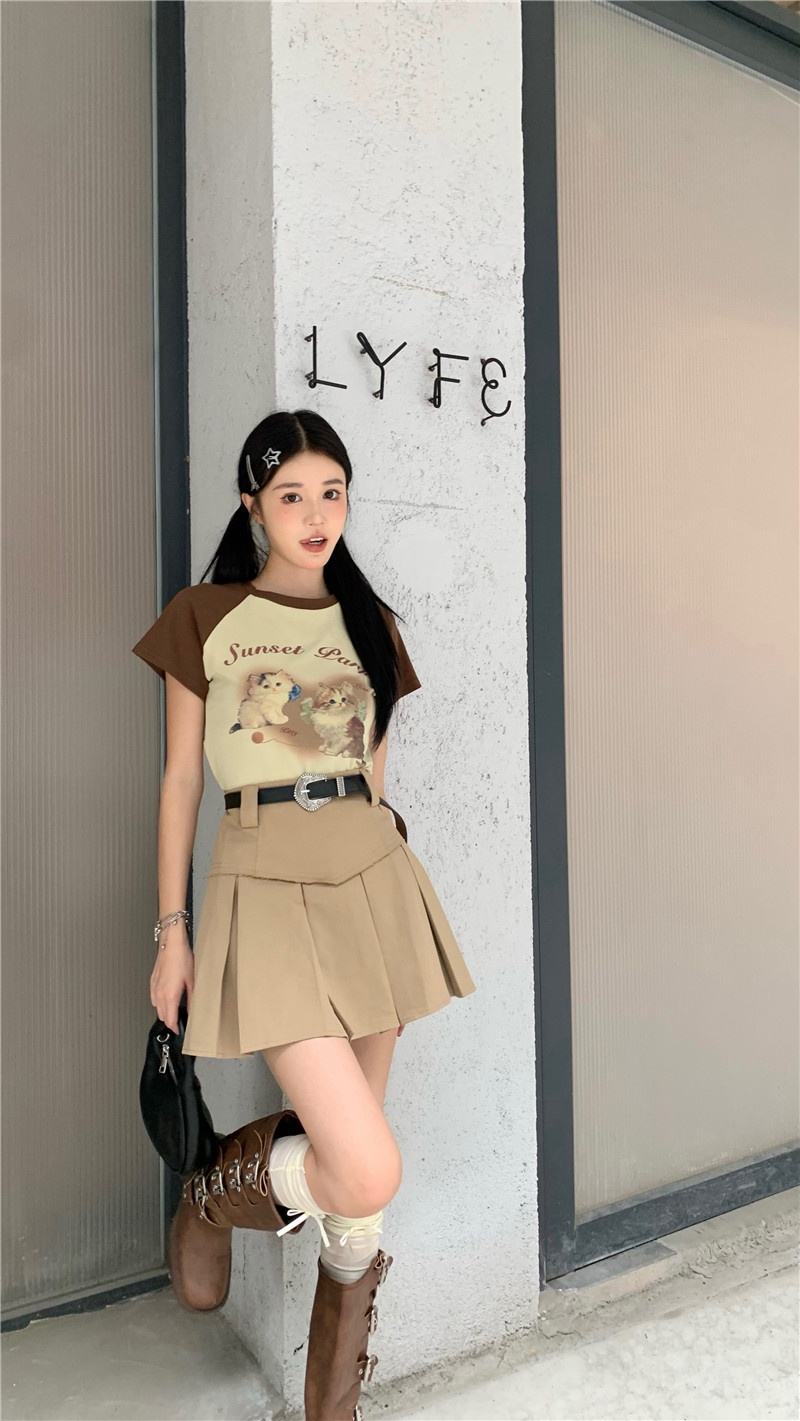 Áo Thun / Váy In Hình Mèo Phong Cách Mới 64930 Kèm Thắt Lưng