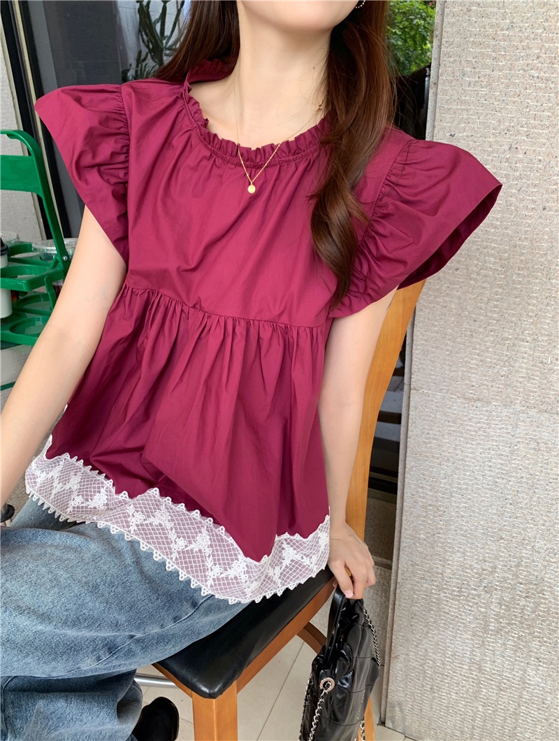 Áo Kiểu Cổ Tròn Dáng Rộng Phối Ren Màu Đỏ Phong Cách Retro 65089