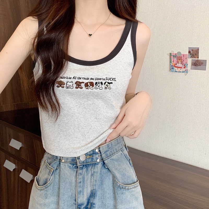 Áo Hai Dây Thêu Họa Tiết Màu Sắc Tương Phản Phong Cách Retro Mỹ 65110