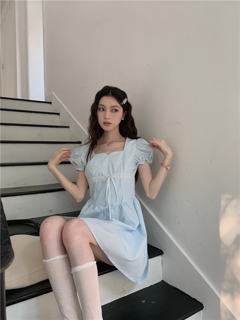 Đầm Tay Phồng Cổ Vuông Đính Nơ Màu Xanh Dương Thời Trang Mùa Hè Phong Cách Mới 65558