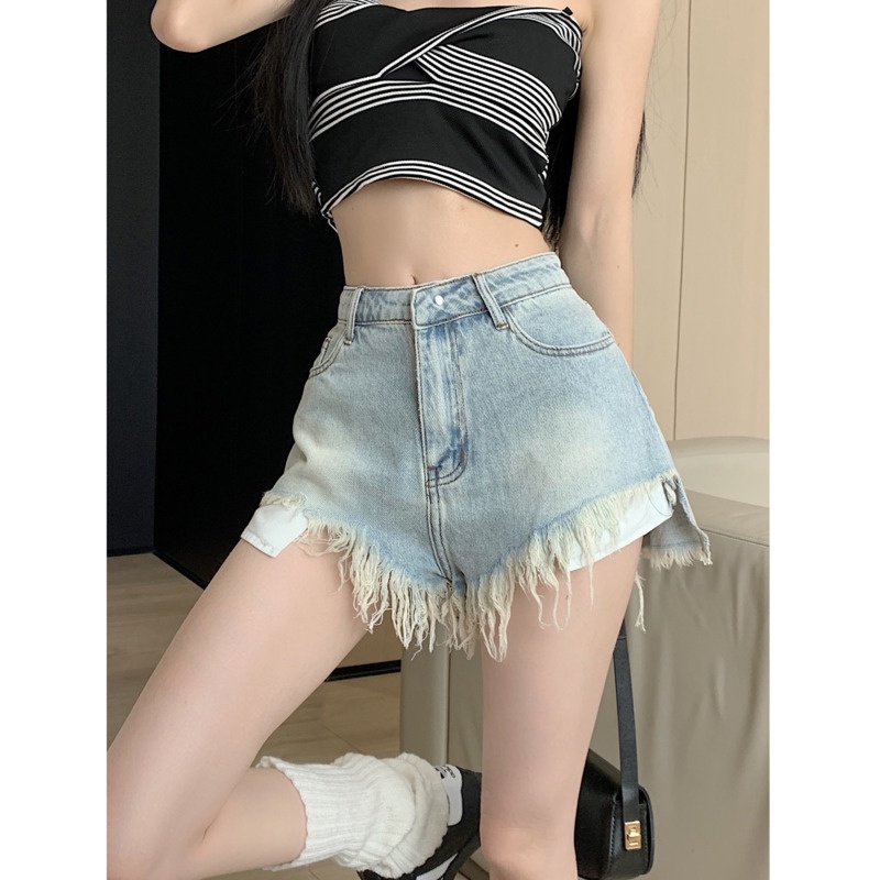 Quần Short Denim Dáng Chữ a Phối Rách Thời Trang Mùa Hè Năng Động