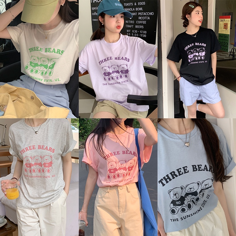 63511 Áo Thun Giản Dị Cổ Tròn In Hình Gấu Mùa Hè Mới